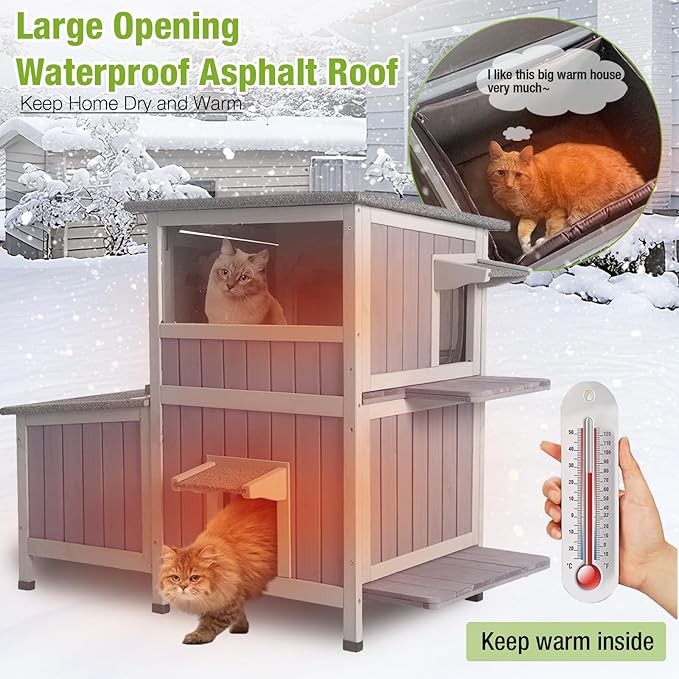 Heated Cat House Outdoor Insulated Cat Cage with Heating Pad for Winter, Feral Kitty Shelter Waterproof Roof,23" D x 44" W x 34.5" H