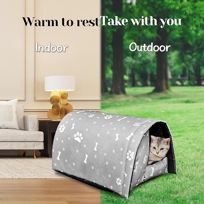 Fhiny Stray Cats Shelter, Waterproof Outdoor Cat House Foldable Warm Pet Cave for Winter Wild Animal Tent Bed Anti-Slip Kitten Cave for Feral Cat Dog Puppy Weatherproof Grey-L