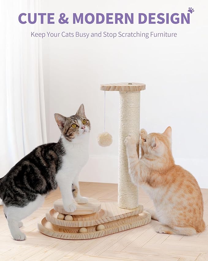 Multi-Functional Cat Scratching Post with Grooming Brush, Cloud Perch & Ball Track – Compact Cat Activity Toy for Small Cats