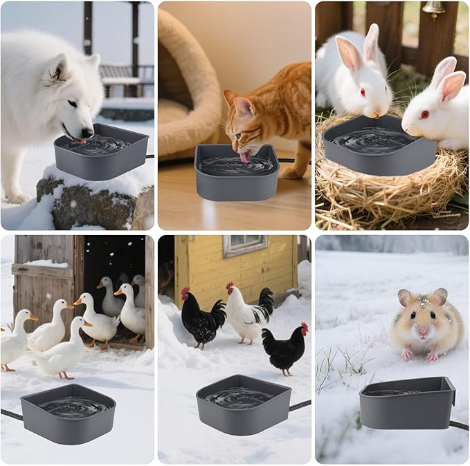 PETLESO Heated Water Bowl for Cats Rabbits, Hanging Dog Heating Dish for Cage Kennel Anti-Freeze, No Spill Heated Bowl for Rabbits Chickens Birds Small Animals, Indoor/Outdoor Use, 1L
