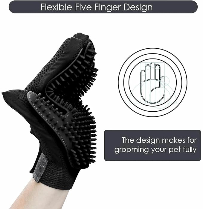 Premium Pet Grooming Gloves, Silicone Massage Brush for Dogs and Cats, Adjustable Size 9.13x6.77 Inch, Hair Removal and Bathing Tool (Black)