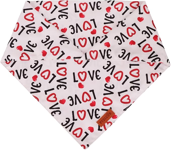 PTDECOR Dog Valentine Bandana, Reversible Love and Heart Print Valentine Pet Scarf, Premium Durable Fabric, White Bandanas for Small Dogs Pets (Small)