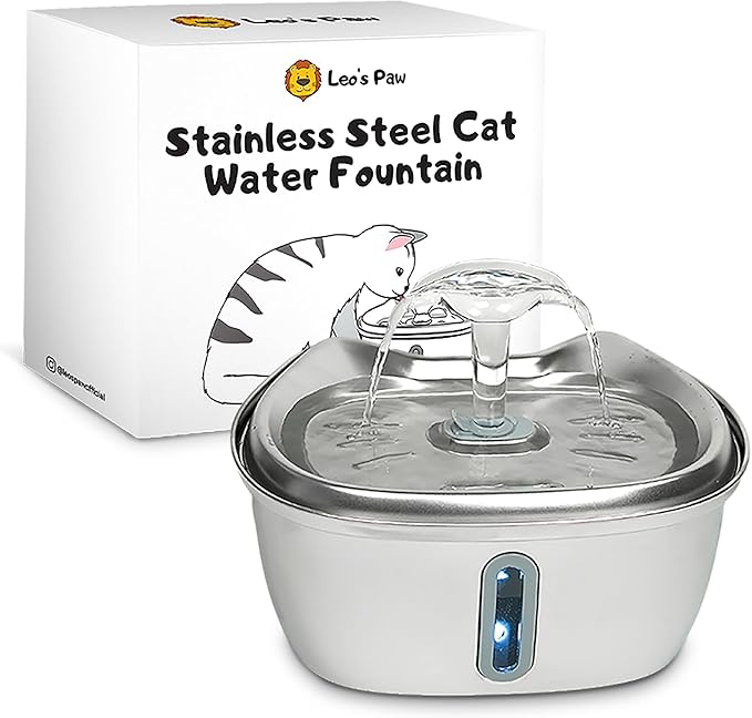 Leo's Paw Stainless Steel Cat Water Fountain 101oz/3L Food-Grade 304 Stainless Steel Automatic Pet Water Dispenser with Water Level Window Multi-Layer Filtration Ultra Quiet & Peaceful Flow