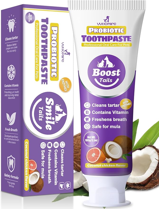 Natural Coconut Oil Cat & Dog Toothpaste.Enzymatic & Probiotic Formula with VitaminB. Gently Reduces Plaque, Tartar & Bad Breath. SGS Certified – Passed 43 Safety Tests. 3.52oz–Coconut Chicken Flavor