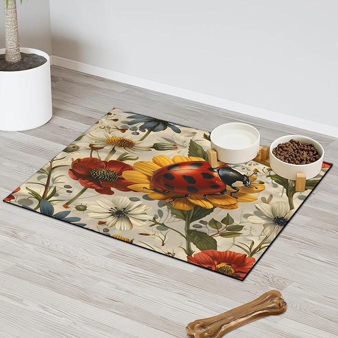 Cute Ladybird Dog Food Mat for Floors Absorbent, Quick Dry Water Dispenser Mat for Food, Water, Pet Supplies 12" x 20", Daisy Flower