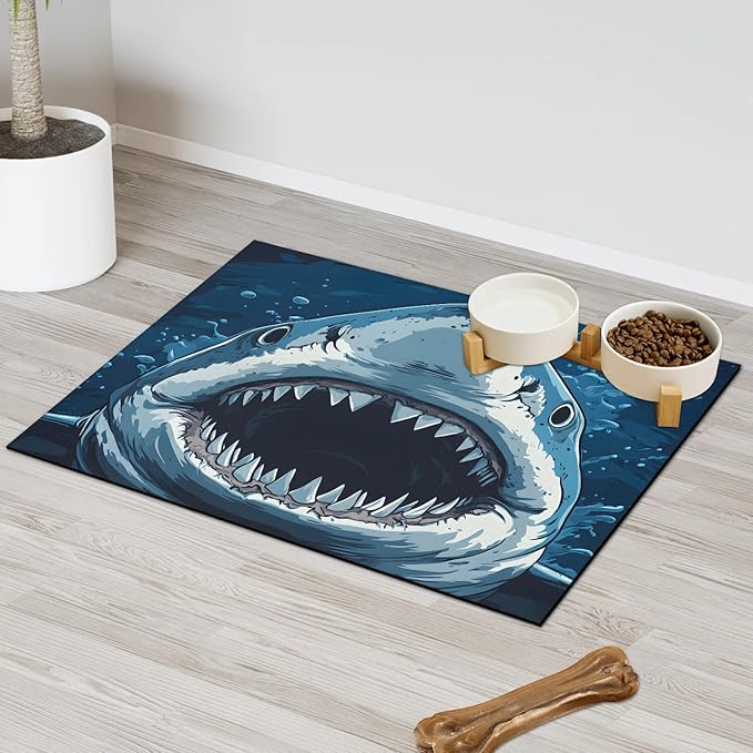Cool Shark Dog Food Mat for Floors Absorbent Dog Bowl Mat for Food and Water Dispenser Quick Dry Cat Food Placemat Pet Supplies 17" x 30", Ocean Fish