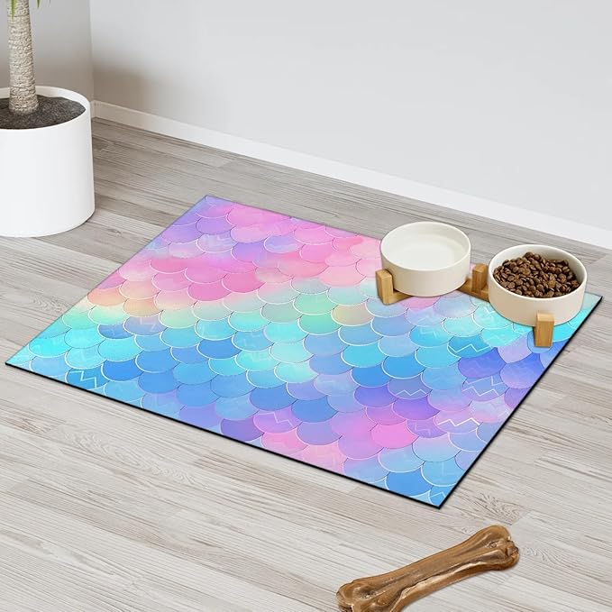 Mermaid Scales Dog Food Mat for Floors Absorbent Dog Bowl Mat for Food and Water Dispenser Quick Dry Cat Food Placemat Pet Supplies 16" x 24", Pink Blue Ocean