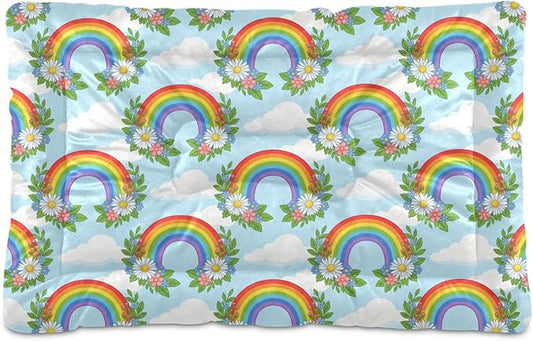 Dog Bed for Crate Washable Pet Sleep Pad, Rainbow Kennel Mat with Non-Slip Bottom, Soft Fluffy Supplies Pet for Dogs and Cats (24x18 inch)