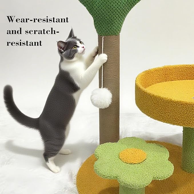 Cactus Cat Scratching Posts Cats Scratcher H 27.16" with Premium Sisal Rope 13.78" Bed, Flower Shaped Platform and Dangling Balls, Scratcher Vertical Green Cats Tree Suitable for Indoor Kitten