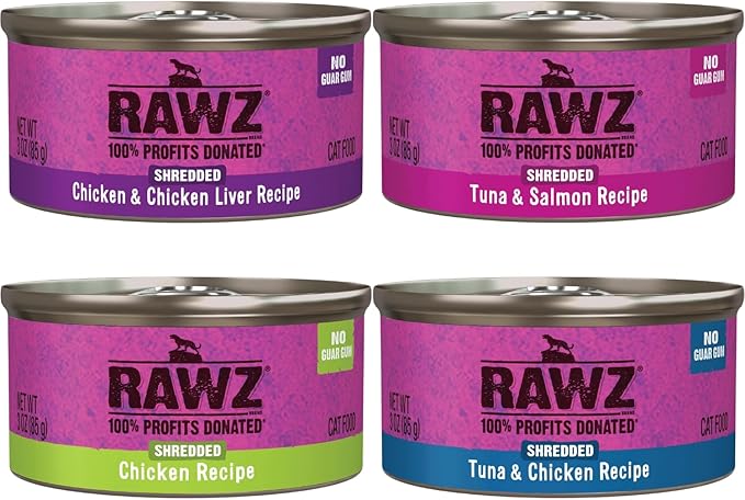 Rawz Natural Premium Canned Cat Wet Food Shredded -12 Pack Cans Variety Pack -4 Flavors with Yow Pet Lid- (Tuna & Salmon, Chicken & Liver, Tuna & Chicken, Chicken)- (3oz Cans)