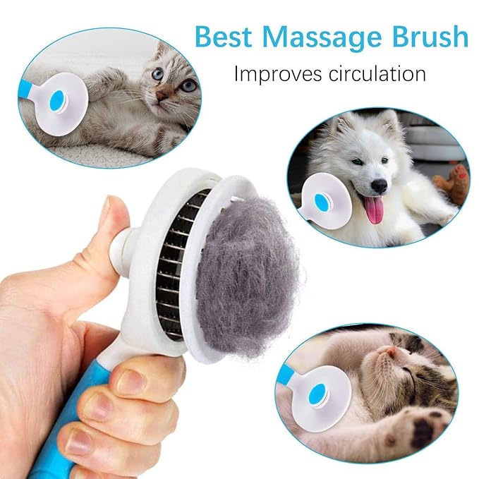 Self Cleaning Slicker Brush - Cat Brush Skin-Friendly Deshedding Grooming Massaging Tool for Long & Short Haired Pets, Cat Hair Brushes Easy Removes Undercoat for Dogs Cats Rabbits (2Pack Blue)
