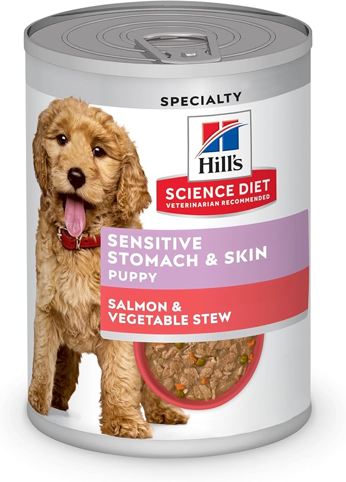 Hill's Science Diet Sensitive Stomach & Skin, Puppy, Stomach & Skin Sensitivity Support, Wet Dog Food, Salmon & Vegetable Stew, 12.5 oz Can, Case of 12