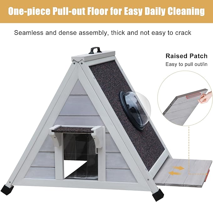 Deblue Weatherproof Cat House for Feral Cats, Outdoor Cat House for Small Cats, Unique Wooden Cat Shelter with Escape Door, Clear Window Fits for Small Pets - Grey