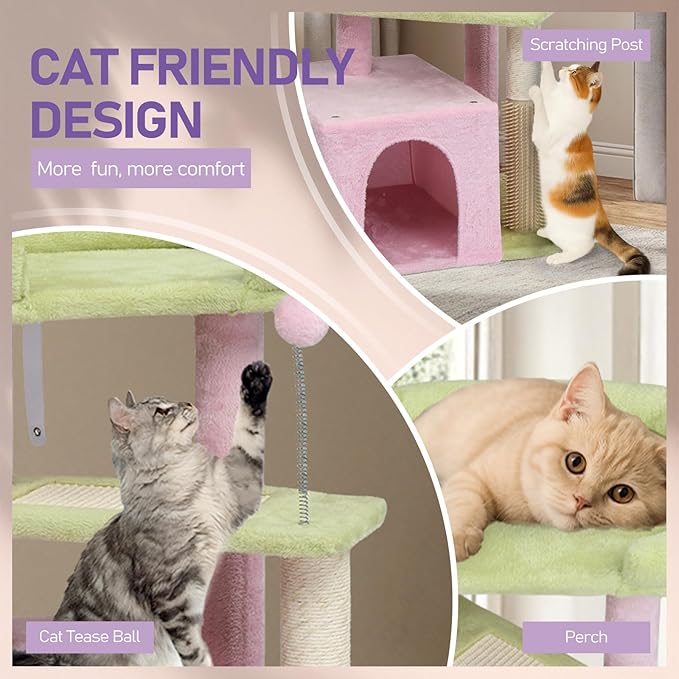 27.5in Plush Cat Tree, Multi-Level Cat Tower with Scratching Post and Pad, Cozy Condo & Padded Perch, Dangling Ball for Kittens and Indoor Cats, Compact Cat Furniture for Small Spaces (Pink & Green)