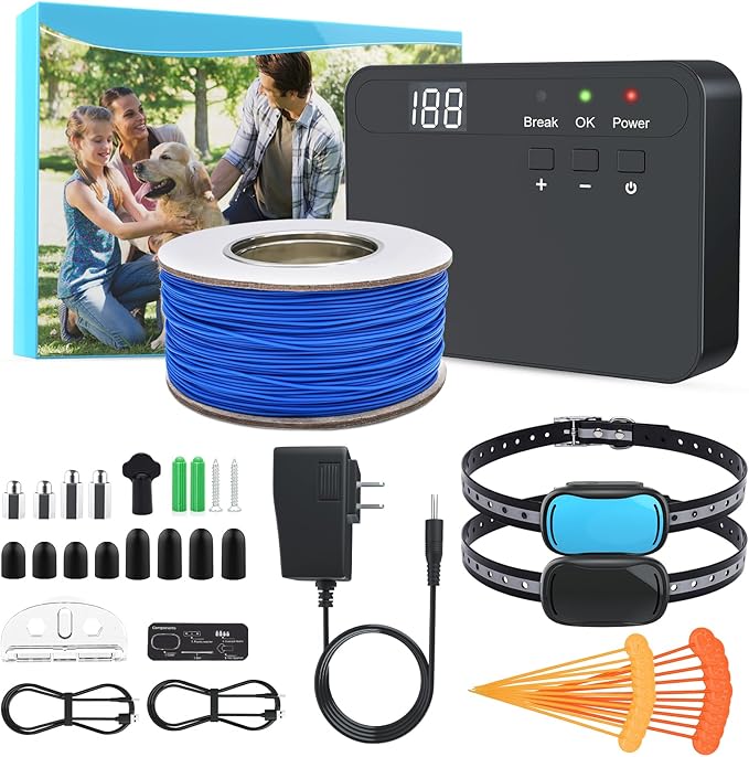 AOZOOM Electric Dog Fence System for 2 Dogs, 2 Water Resistant Collar Receiver, Underground/Aboveground Wired Pet Containment System with Adjustable Static/Tone Correction for Small Medium Large Dogs