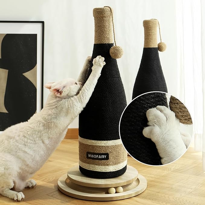 Cat Scratching Post, Premium Cat Scratching Board, Sisal Fiber Cat Scratcher-24.8 Inches with Hanging Ball, Red Wine Bottle Simple Design-Suitable Indoor Small and Medium Cats (24.8 in, Wooden Base)