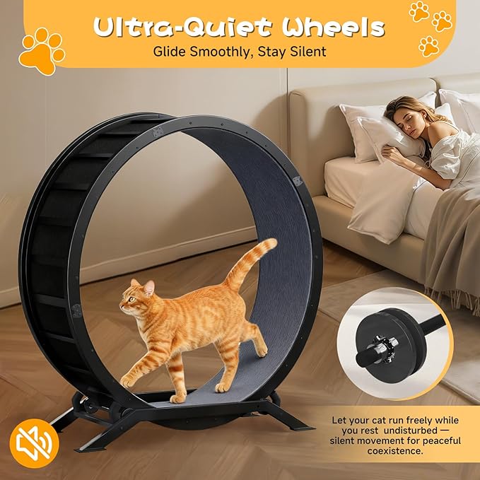 GTRACING Cat Wheels, 40" Diameter, Large Cat Exercise Wheel for Indoor Cats cat Treadmill Metal with Detachable Carpet & Teaser/Stickers, Ultra-Quiet Scroll Wheel with Latch, Safe and Stable, Black