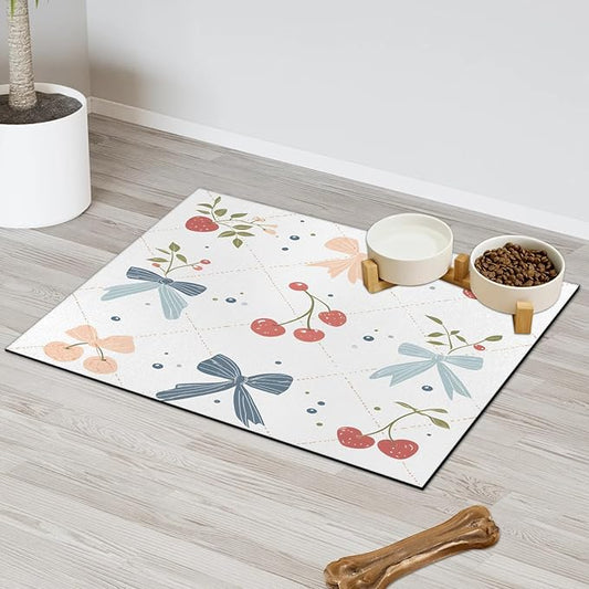 Bow Cherry Dog Food Mat for Floors Absorbent, Quick Dry Water Dispenser Mat for Food, Water, Pet Supplies 16" x 24", White Check
