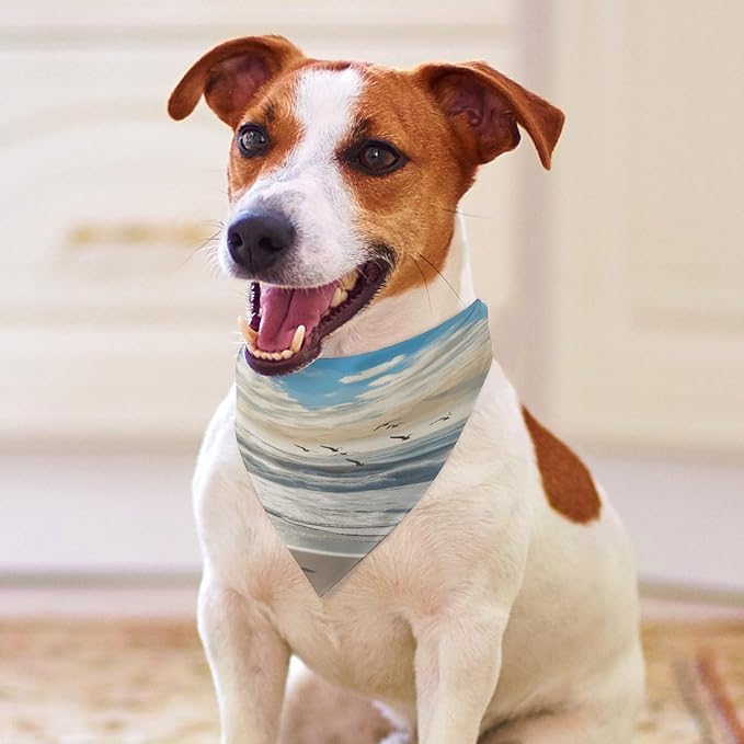 Dog Bandana Spring Pet Scarf Adjustable Triangle Waves on The Beach with Sea Birds Printing Dog Bib Washable Polyester Puppy Bandana for Small Medium Large Dogs Cat Birthday Party Supplies