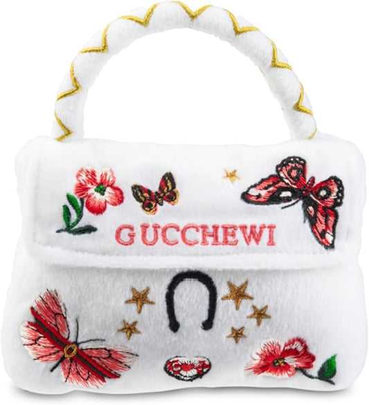 Dog Diggin Designs Gucchewi Butterfly Plush Dog Toy Purse | Luxury-Inspired Parody Designer Handbag with Squeaker, Soft Plush Fashion Dog Toy – Haute Couture Purses & Handbags
