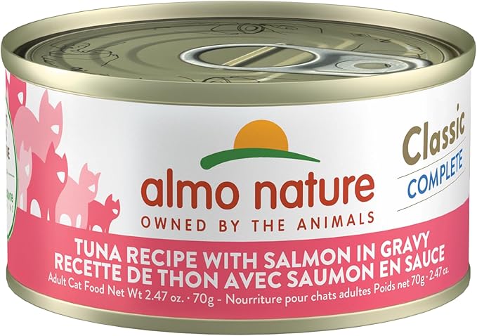 almo nature Classic Wet Cat Food, Tuna Recipe with Salmon in Gravy, Grain Free, GMO Free, No Artificial Colors and Flavors, 2.47oz Pack of 12