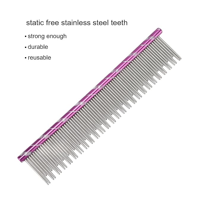 Pet Hair Removal Comb, Stainless Steel Cat Grooming Tool with Dual - Density Teeth, Open Knot Detangling Comb for Long and Short Haired Cats, Ergonomic Non - Slip Handle (Purple)