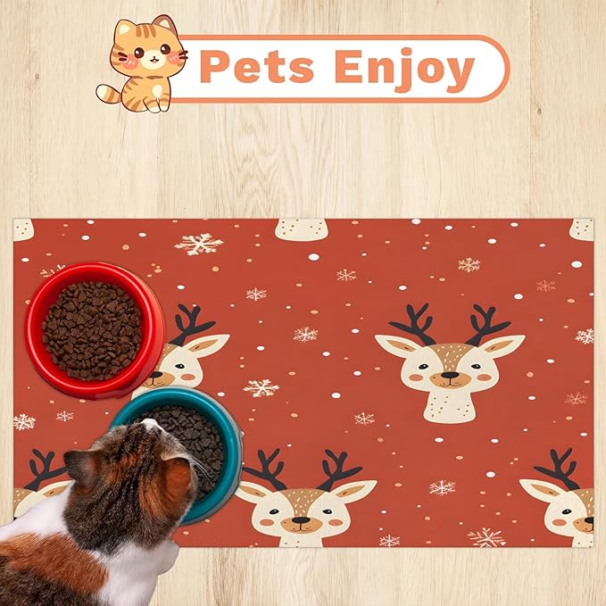 Red Christmas Deer Dog Food Mat for Floors Absorbent, Quick Dry Water Dispenser Mat for Food, Water, Pet Supplies 12" x 20", Winter Snowflake