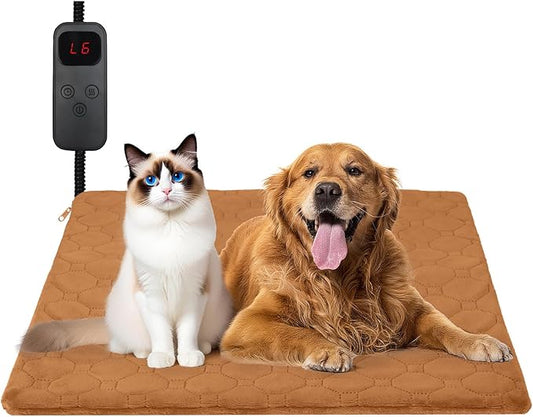 Cat Heating Pad, 6 Adjustable Temperature & 5 Timer Options, 17.7'' x 17.7'' Pet Heating Pad for Cats Dogs, Waterproof Indoor Outdoor Electric Heated Cat Bed Dog Mat with Chew-Resistant Cord (Brown)
