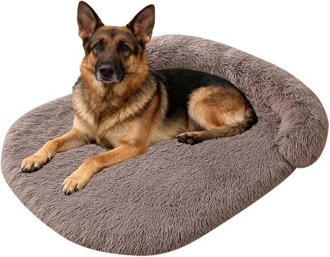 Calming Dog Beds for Medium Large Dogs, Orthopedic Cushion Plush Large Pet Bed Lounge with Washable Cover, Anti-Anxiety Soft Fluffy Faux Fur Fits up to 60 lbs Pets (Oval, Brown 40"x30")