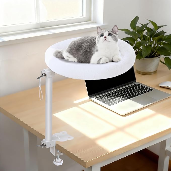 Cat Desk Bed,Steel Cat Bed for Desk,Up and Down Available,360° Rotating, Shelf Height Adjustable, Desktop Attachment Cats Nest Perch Hammock for Office Game Tables, Supports 40lb (White)