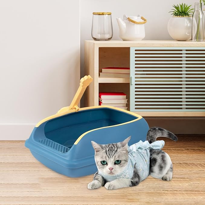 Cat Litter Box Open Top High Sided Anti Splashing Litter Tray with Scoop for Indoor Cats Kittens (2 Sizes)- S Blue