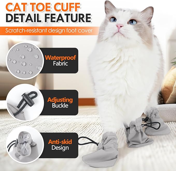 ETIAL 4Pcs Cat Paw Boots Anti Scratch, Adjustable Cat Feet Claw Covers for Indoor Cats Pet Bathing Shaving Checking Treatment, Waterproof Cat Paw Protector Anti-Fall Off Grooming Cat Accessories