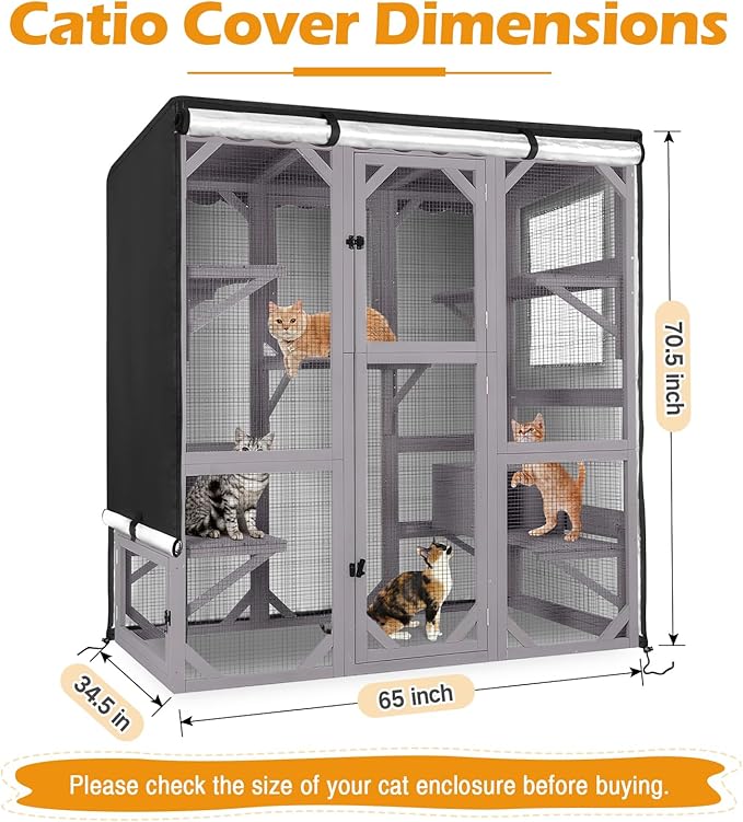 Catio Cover,65" L x 34.5" W x 70.5" H Cover for Catio Outdoor Cat Enclosure Waterproof, 420D Cat Cage Covers for Aivituvin Catios, Outdoor Cats Enclosure Covers(Black)(Catios Not Included)