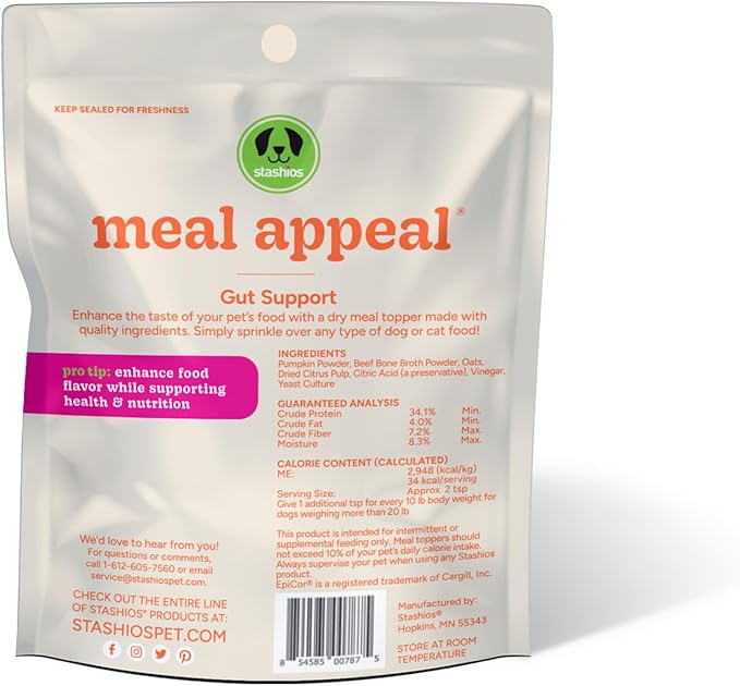 Stashios: Meal Appeal: Gut Support Food Topper - Beef 4 Oz - Dogs & Cats, Slow Baked Powder, Enhance Food Flavor, Support Nutrition & Health