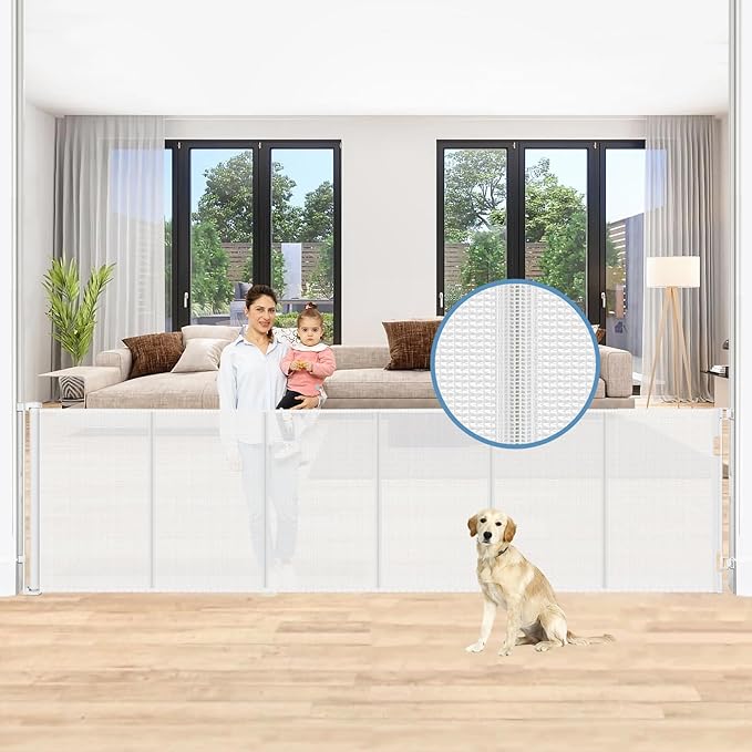 Reinforced 150 Inch Extra Wide Retractable Baby Gates with Reinforced Rods, Retractable Dog Gate Prevent Bottom Crawling Through, Mesh Pet Gate for Large Openings, White