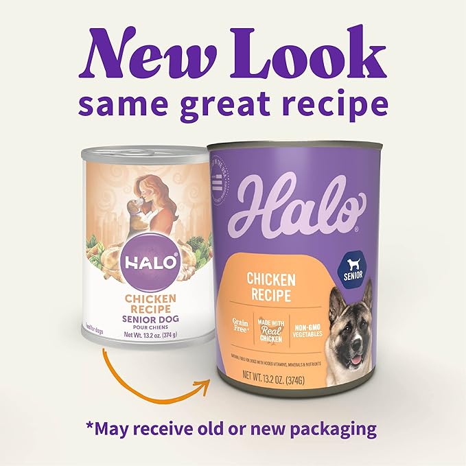 Halo Senior Wet Dog Food Whole Chicken Recipe, Grain Free Real Meat Canned Dog Food for Senior Dogs, Meal or Topper, 13.2 Oz Can (Pack of 6)