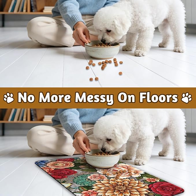 GLOBLELAND Vintage Mandala Flowers Pet Food Mat for Floors 11.8×20 inch Dogs Food Mats Absorbent Dog Bowl Mat Quick Dry Dog Cat Pet Placemats Pets Supplies for Water Dispenser