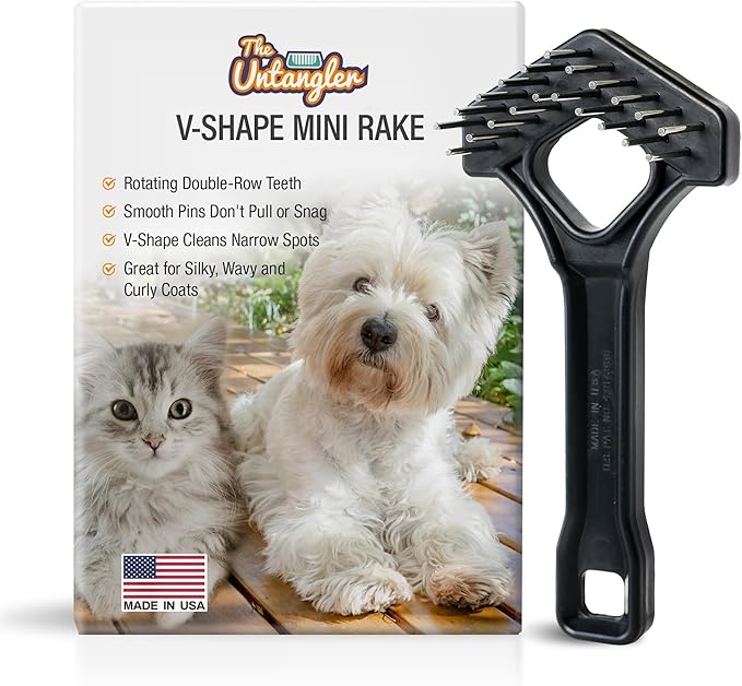 Mini-Rake V-Shape Double Row 1" Rotating Teeth Detangles and Grooms Dogs and Cats
