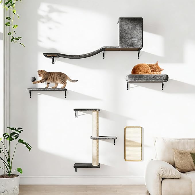 COZIWOW Cat Wall Shelves Set, 5-Piece Wall Mounted Cat Furniture with Cat Tree & Scratching Post, Floating Cat Perches for Indoor Cats（Grey）