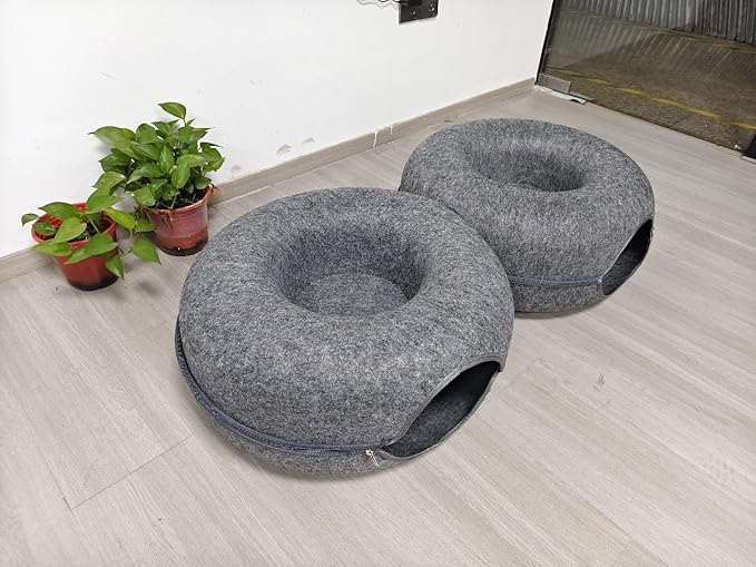 Extra Large 8-Shaped Cat Tunnel Bed 38 x 24 x 11 Inch for Indoor Cats – 2 in 1 Plush Cat Cave & Play Tunnel with Hanging Toy Balls & Bonus Bird Toy, Cozy Hideout for Multiple Cats (Dark Grey)
