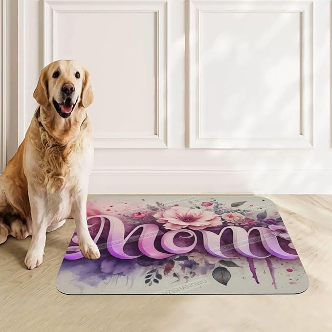 Pet Feeding Mats with Residue Collection Happy Mother's Day Floral Gift for Mom Bm Waterproof Dog Cat Bowl Mat 24x16In with Prevent Water Food Spills
