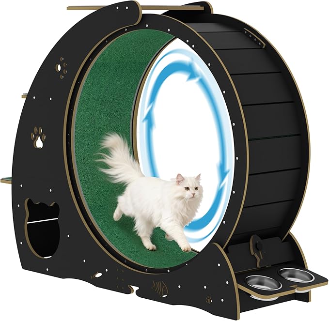 Cat Wheels for Indoor Cats, 48" Large Treadmill Wheel for Indoor Cats with Bowls, Scratch Post, 3-Level Jumping Tower, Cat Exercise Wheel for Running Walking Training
