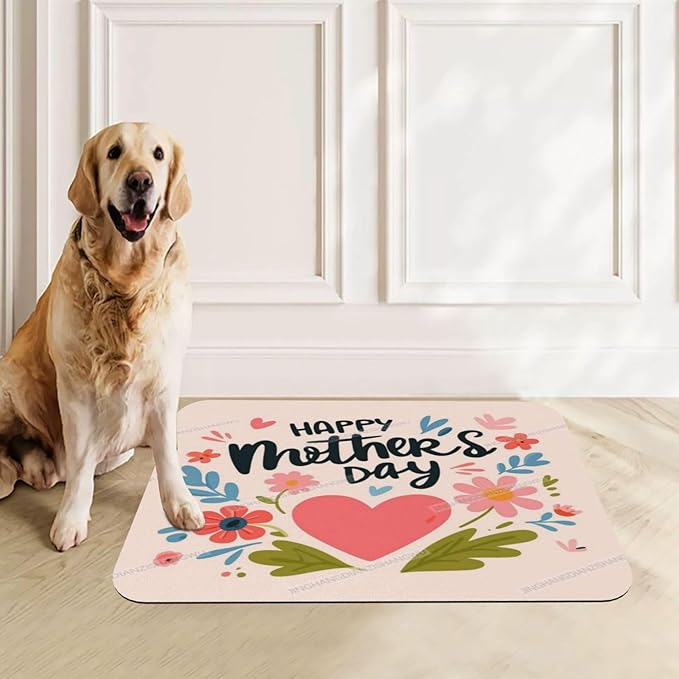 Pet Feeding Mats with Residue Collection Happy Mother's Day Floral Gift for Mom Fo Waterproof Dog Cat Bowl Mat 18X12In with Prevent Water Food Spills
