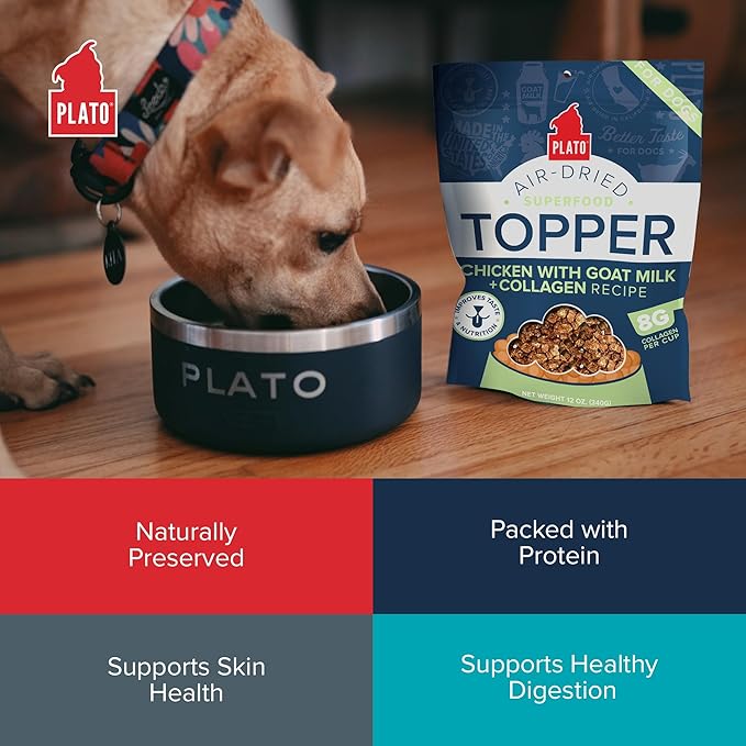 Plato Pet Treats Dog Food Toppers - Air-Dried Dog Food Toppers for Dry Food - with Collagen to Support Skin and Coat Health - Goat Milk & Collagen Recipe 5.5oz