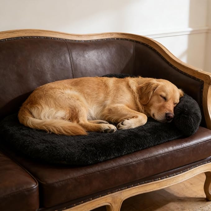 Calming Dog & Cat Beds for Small Medium Dogs Cats, Anti-Anxiety Plush Pets Lounge Couch Sofa Orthopedic Cushion, Soft Fluffy Faux Fur Washable, Fits up to 25 lbs Pets (Oval, Black 26"x20")