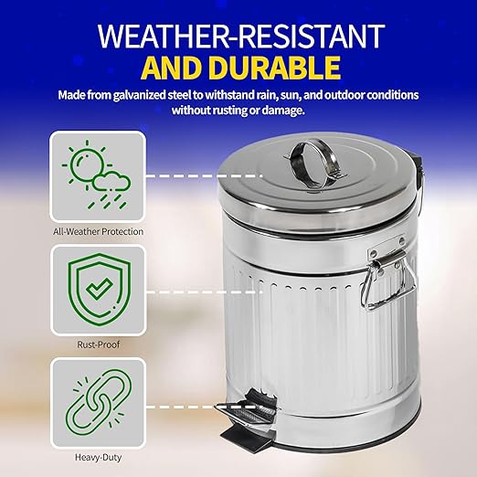 Pet Fit For Life - Steel Trash Can with Lid, Steel Galvanized Trash Can, Step Foot Pedal, Plastic Inner Lining, Custom Liner Bags, Weather-Resistant Outdoor Bin for Yard, 16" Tall, 12L/3.2 Gallons