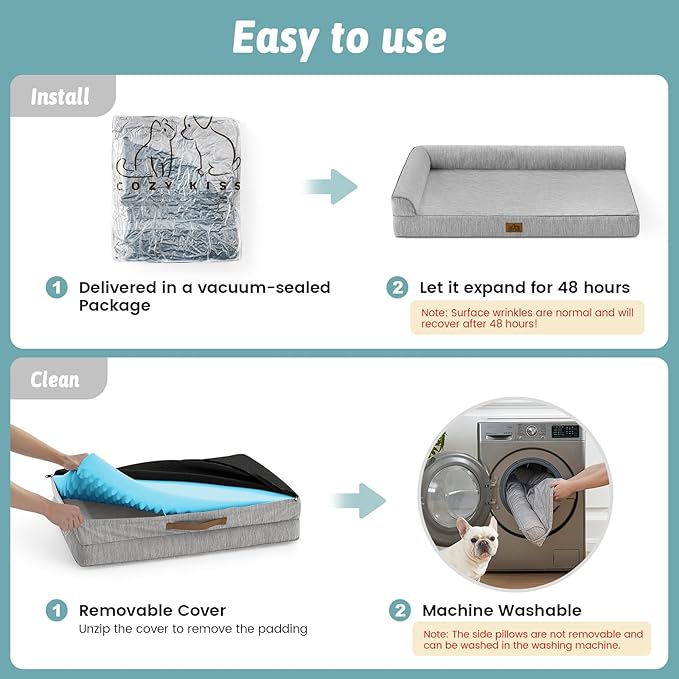 Cooling Dog Bed, Orthopedic Foam Dog Bed with Sides, Removable Cover & Waterproof Lining and Nonskid Bottom, Comfortable Pet Beds for Dogs, Grey (42" L x 30" W x 7" Th)
