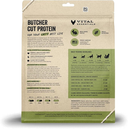 Vital Essentials Freeze Dried Cat Food, Raw Rabbit Mini Patties | Complete Meal or Topper | Easy to Portion and Rehydrate | High Protein, Grain Free Dry Cat Food | 15 oz Bag