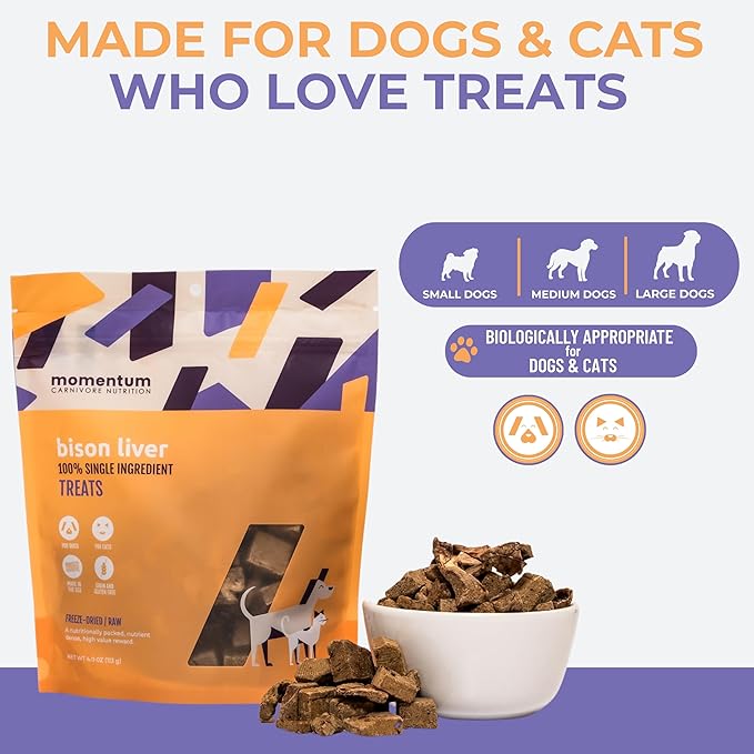 Momentum Carnivore Nutrition Freeze-Dried Bison Liver Dog Treats & Cat Treats – Single-Ingredient, High-Protein, Grain-Free, Lean Novel Protein – Made in USA – 4 oz Bag