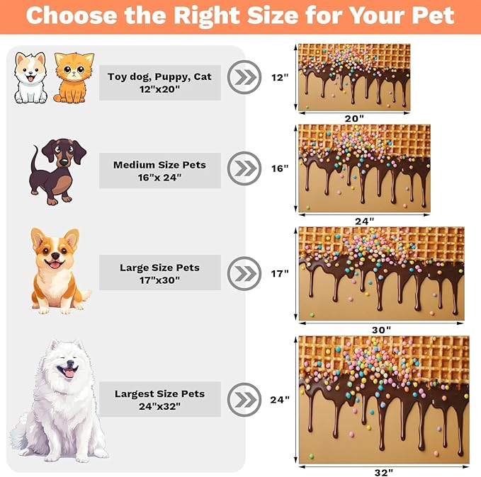 Ice Cream Dog Food Mat for Floors Absorbent Dog Bowl Mat for Food and Water Dispenser Quick Dry Cat Food Placemat Pet Supplies 24" x 32", Chocolate Dessert